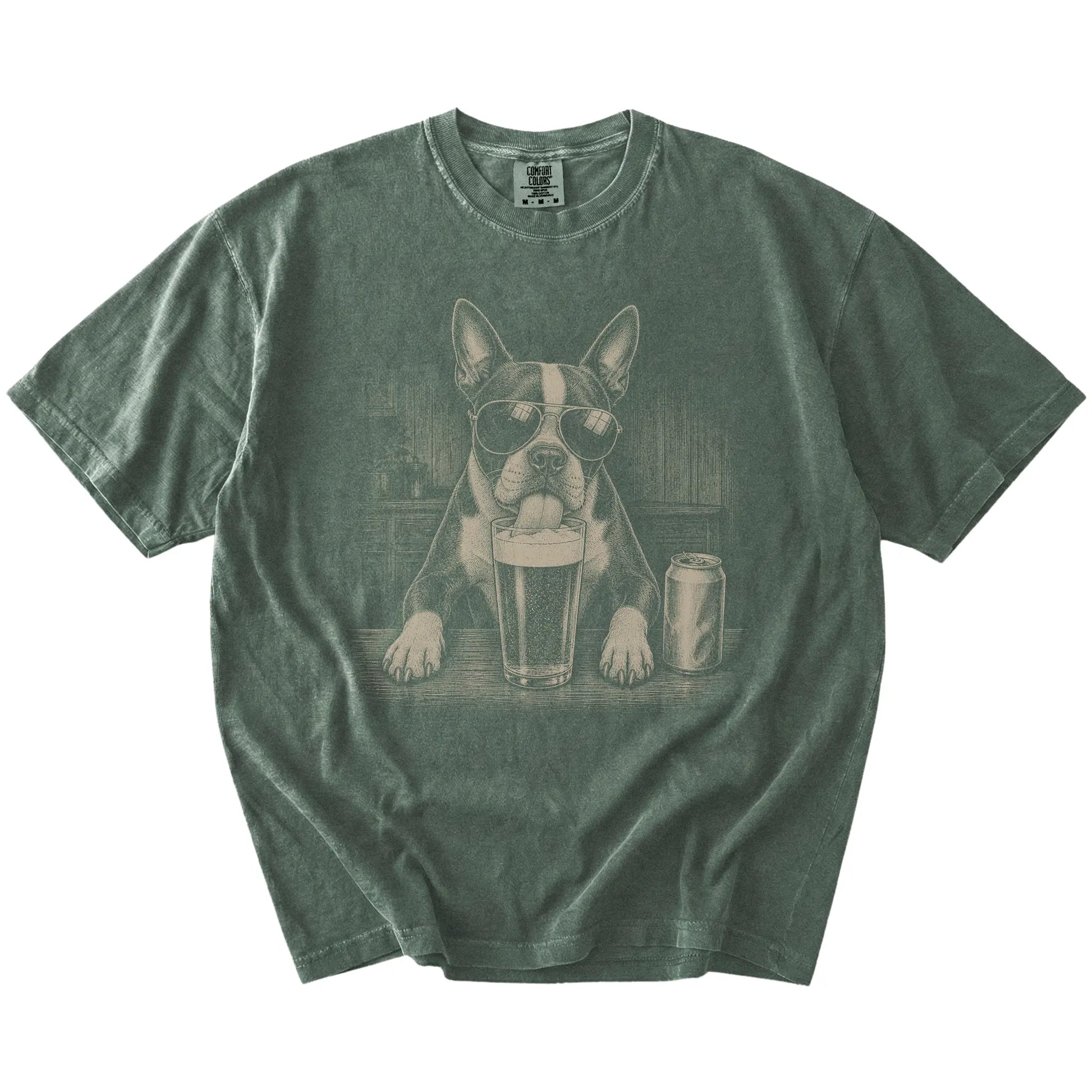 Boston Terrier sneaking a drink from a foamy pint at home on a Moss Comfort Colors® t-shirt