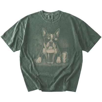 Boston Terrier sneaking a drink from a foamy pint at home on a Moss Comfort Colors® t-shirt