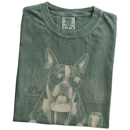 Folded Moss Comfort Colors® t-shirt showing Boston Terrier sneaking a drink from a pint