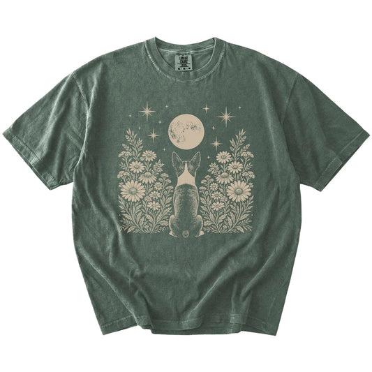 Boston Terrier beneath a wildflower moon on a Moss Comfort Colors® T-shirt