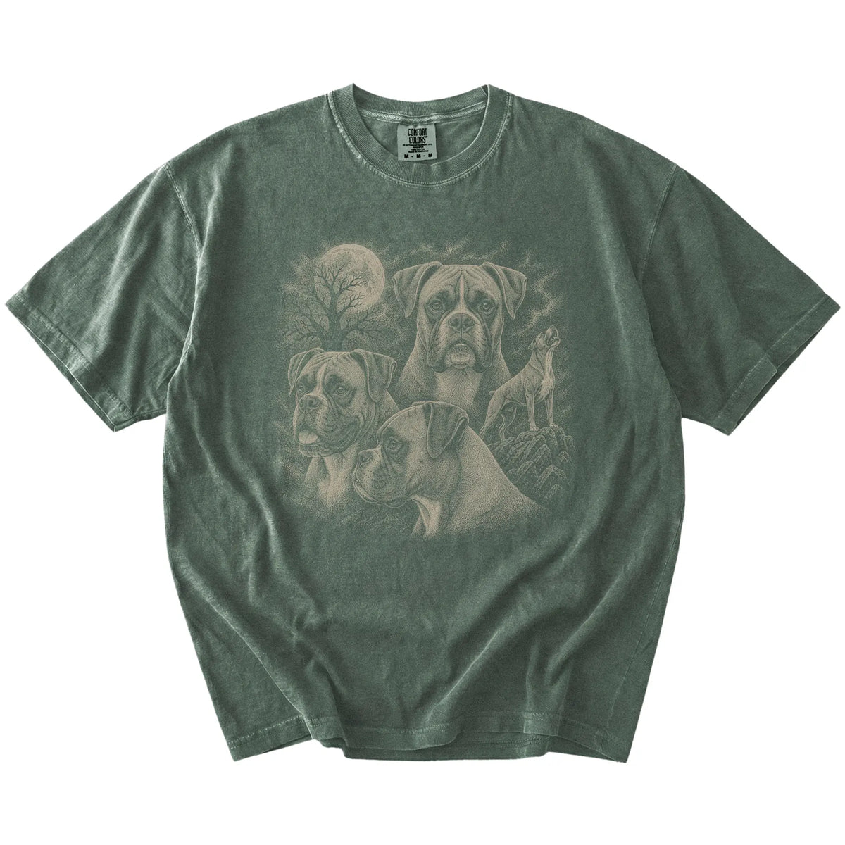 Vintage moon montage featuring Boxer on a Moss Comfort Colors® T-shirt