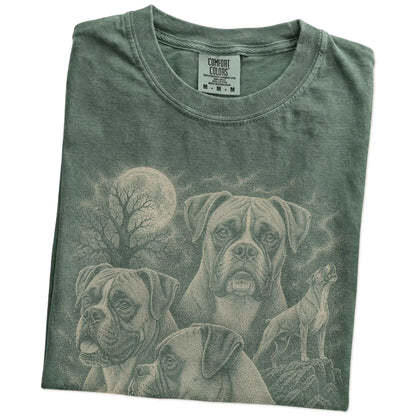 Folded Moss Comfort Colors® T-shirt showing a vintage moon montage featuring Boxer
