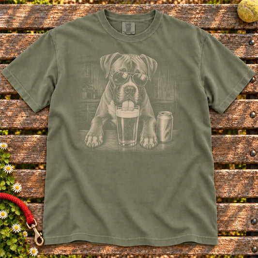 Boxer Drinking Beer design on a Moss Comfort Colors T-shirt, shown flat