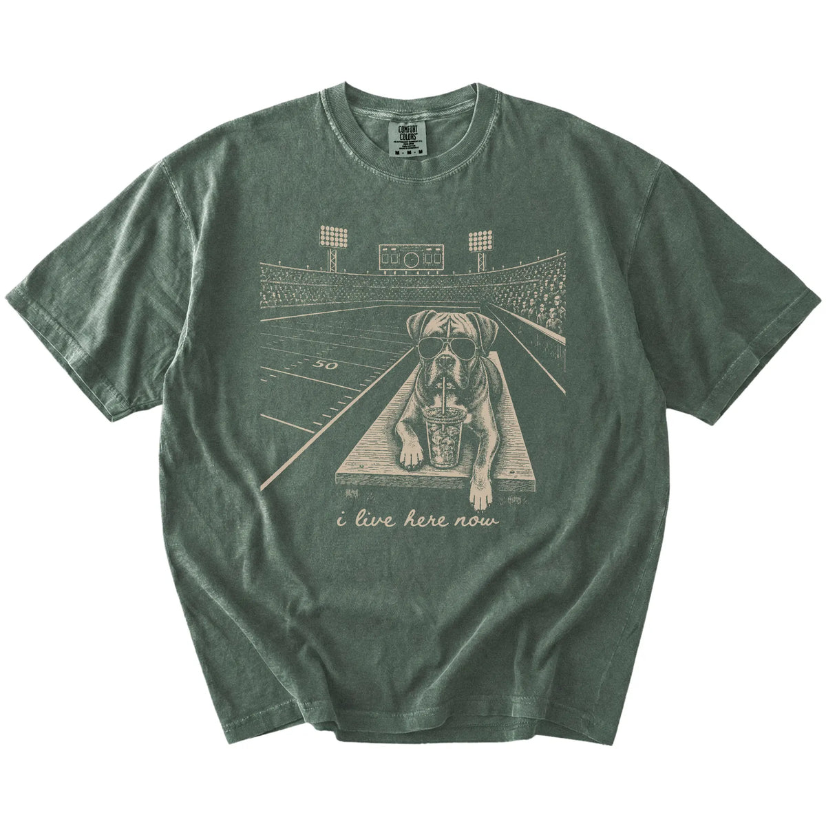 Boxer ready for football and tailgate season on a Moss Comfort Colors® T-shirt