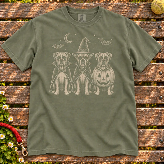 Three Boxer dogs dressed for Halloween beneath bats and a crescent moon on a Moss Comfort Colors® T-shirt
