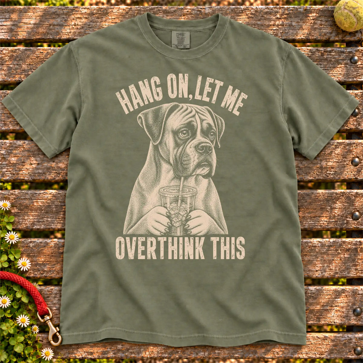 Overthinking Boxer design on a Moss Comfort Colors T-shirt, shown flat