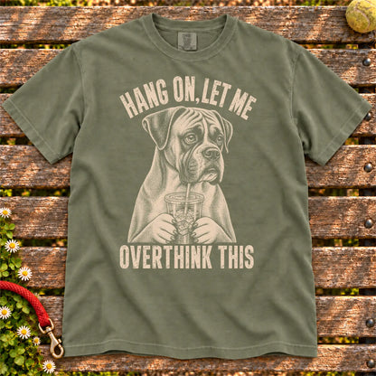 Overthinking Boxer design on a Moss Comfort Colors T-shirt, shown flat