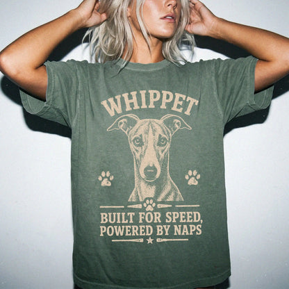 Model wearing a Moss Comfort Colors® T-shirt featuring Whippet design with “Built For Speed, Powered By Naps” lettering
