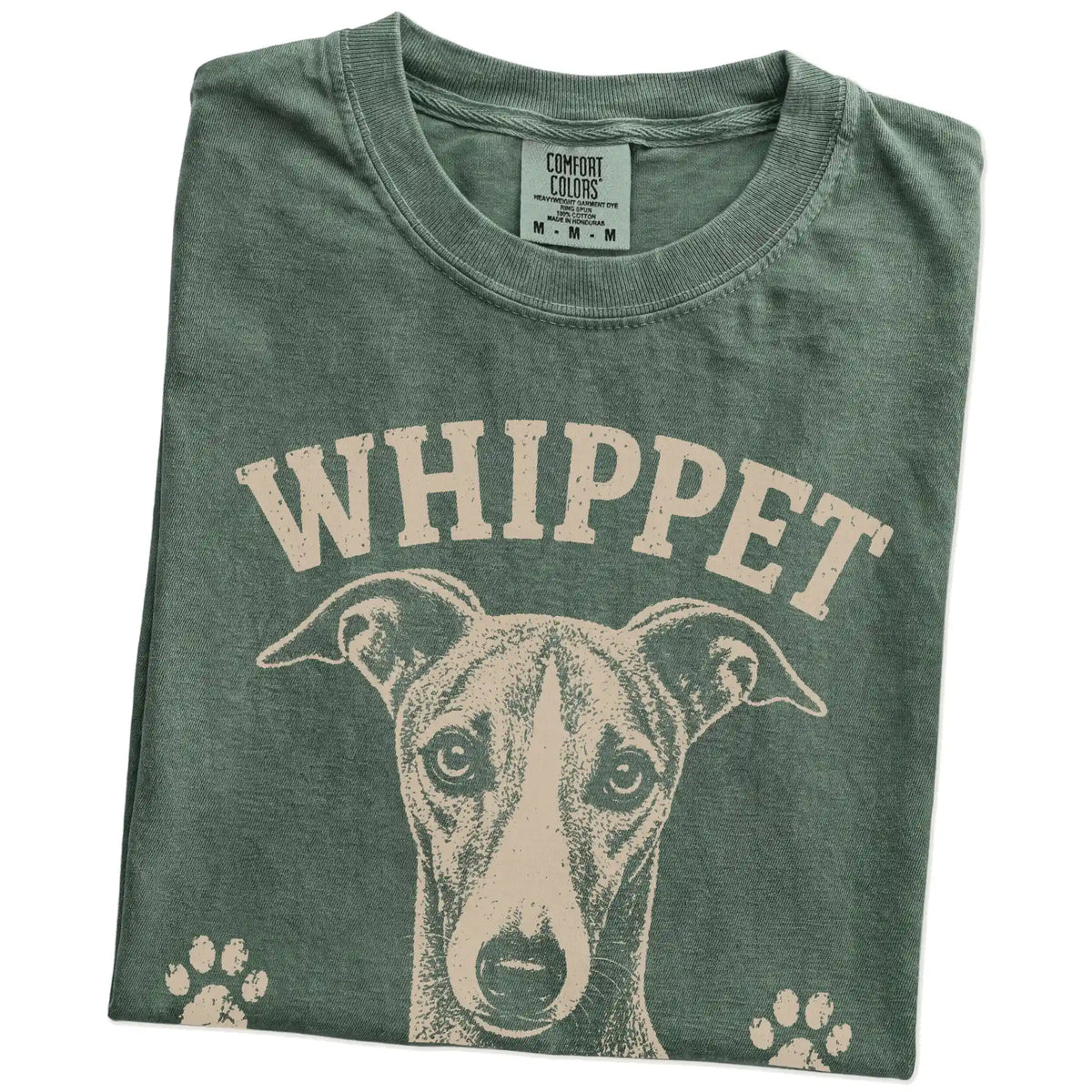 Folded Moss Comfort Colors® T-shirt showing Whippet design with “Built For Speed, Powered By Naps” lettering