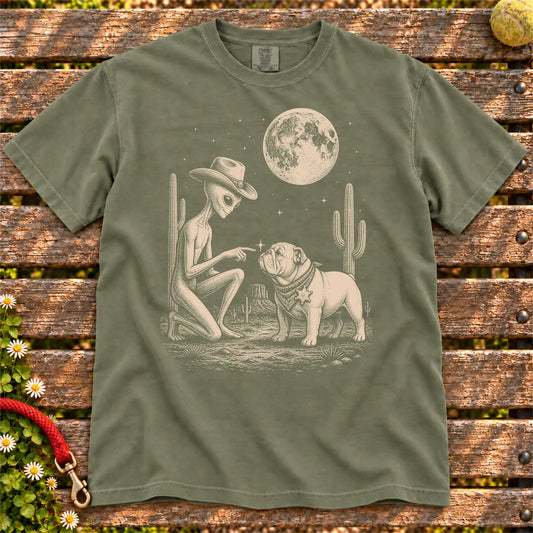 English Bulldog Cowboy and Alien on a Moss T-shirt, shown flat