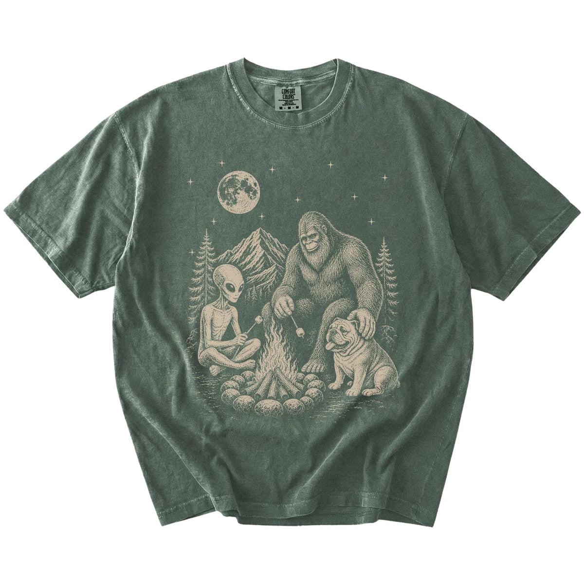 Bulldog camping with Bigfoot and an alien on a Moss Comfort Colors® T-shirt