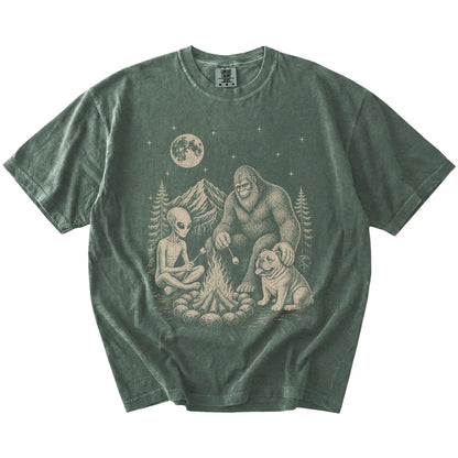 Bulldog camping with Bigfoot and an alien on a Moss Comfort Colors® T-shirt