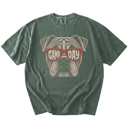Bulldog wearing red Game Day sunglasses on a Moss Comfort Colors® T-shirt