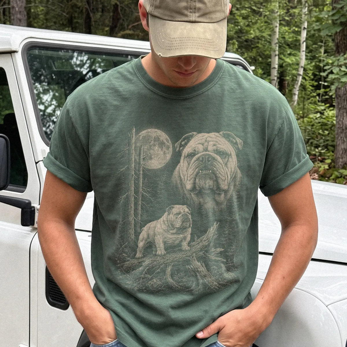 Man wearing a Moss Bulldog Moonlit Forest T-Shirt