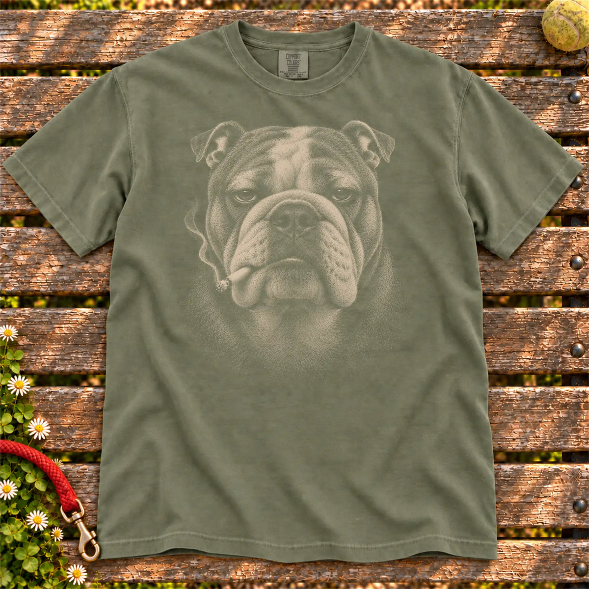 Bulldog smoking design on a Moss t-shirt
