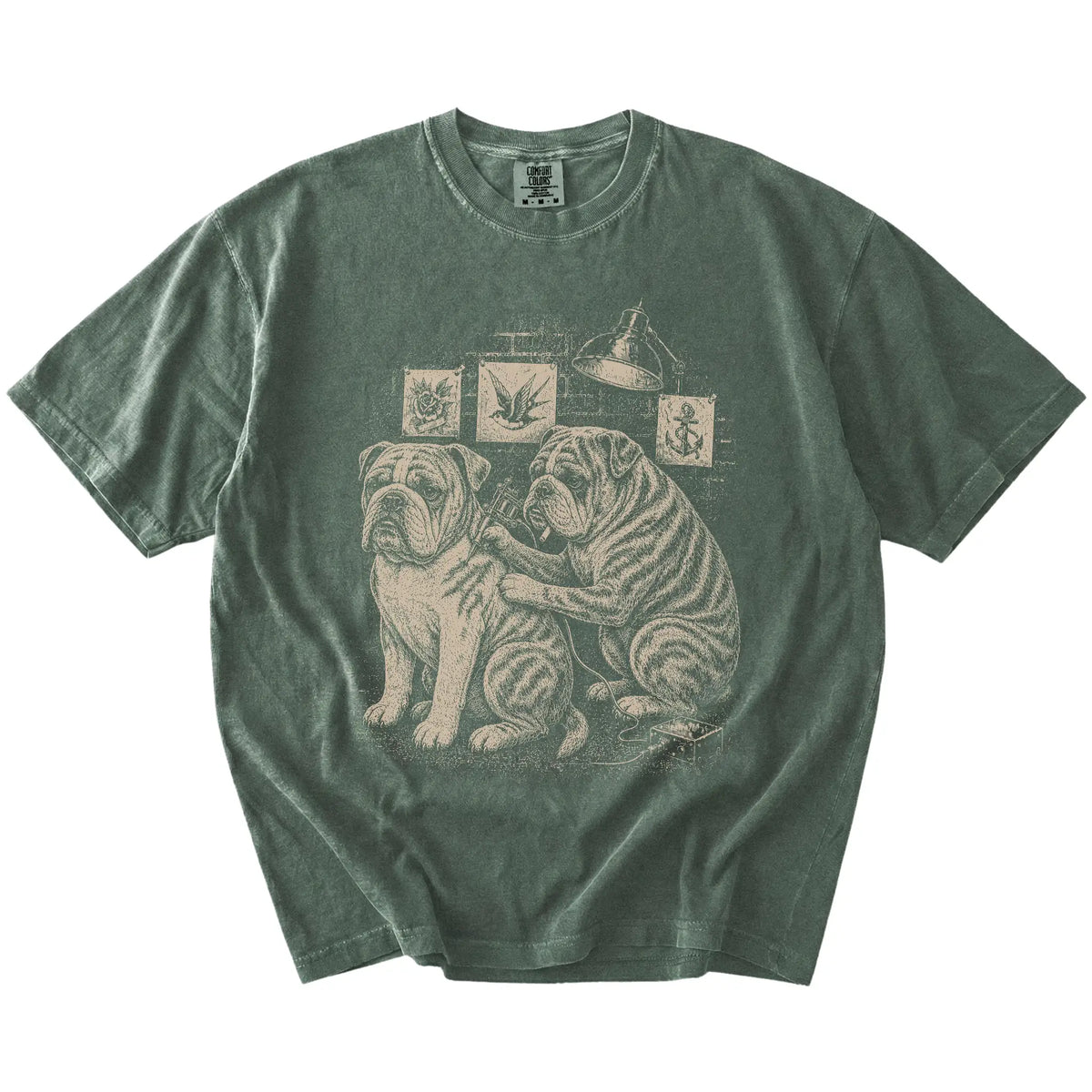 Moss Bulldog Tattoo t-shirt laid flat
