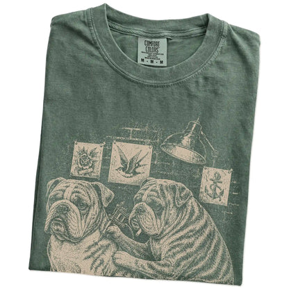 Folded Moss Bulldog Tattoo t-shirt showing the graphic