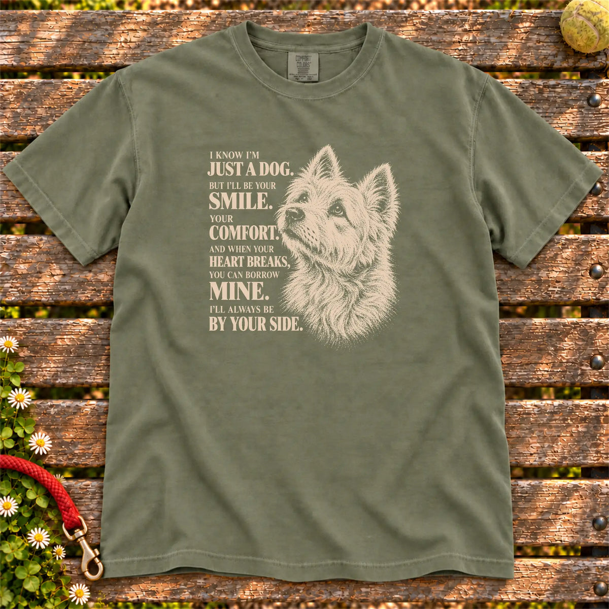 Moss Comfort Colors® T-shirt featuring the Westie By Your Side design.