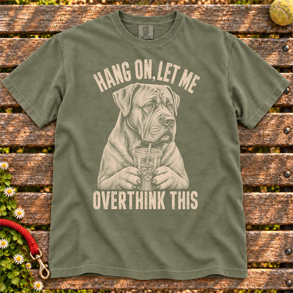 Overthinking Cane Corso design on a Moss Comfort Colors T-shirt, shown flat