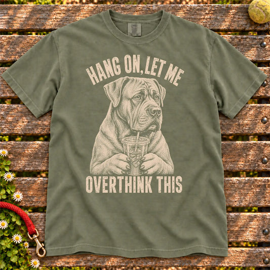 Overthinking Cane Corso design on a Moss Comfort Colors T-shirt, shown flat