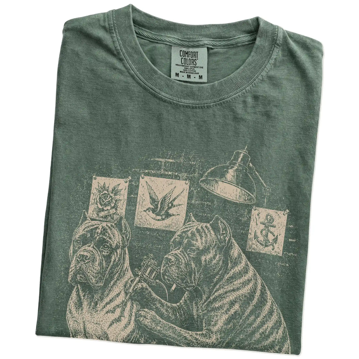 Folded Moss Cane Corso Tattoo t-shirt showing the graphic