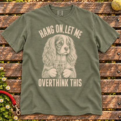 Overthinking Cavalier King Charles Spaniel design on a Moss Comfort Colors T-shirt, shown flat