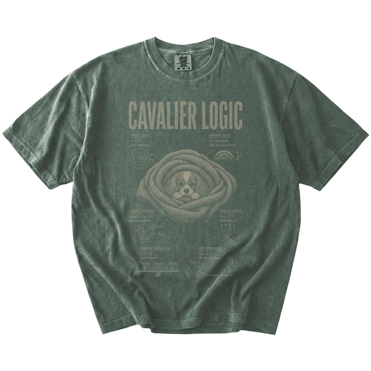 Moss Cavalier King Charles Spaniel Logic T-Shirt laid flat