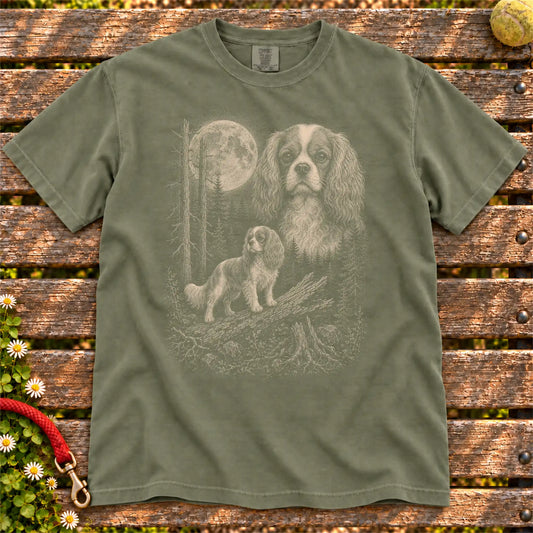 Cavalier King Charles Spaniel Moonlit Forest design on a Moss T-shirt shown flat