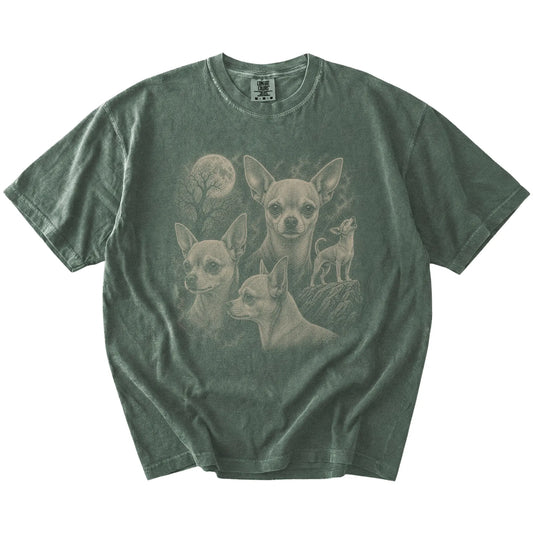 Vintage moon montage featuring Chihuahua on a Moss Comfort Colors® T-shirt