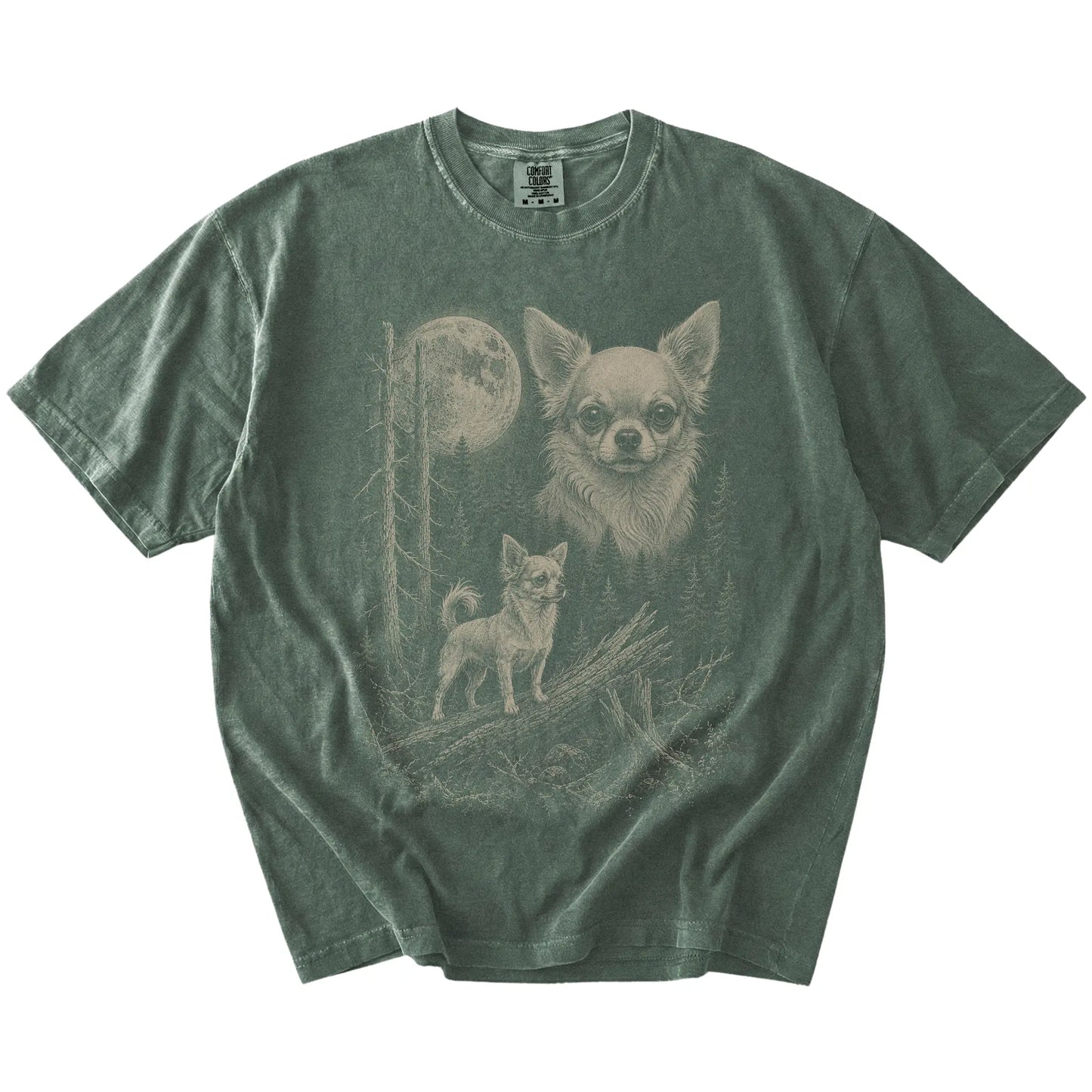 Moss Chihuahua Moonlit Forest T-Shirt laid flat