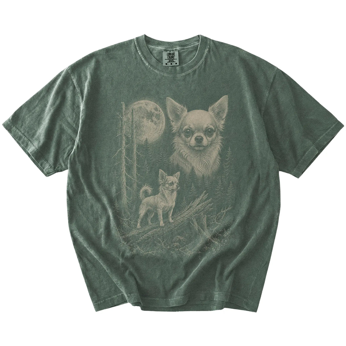Moss Chihuahua Moonlit Forest T-Shirt laid flat