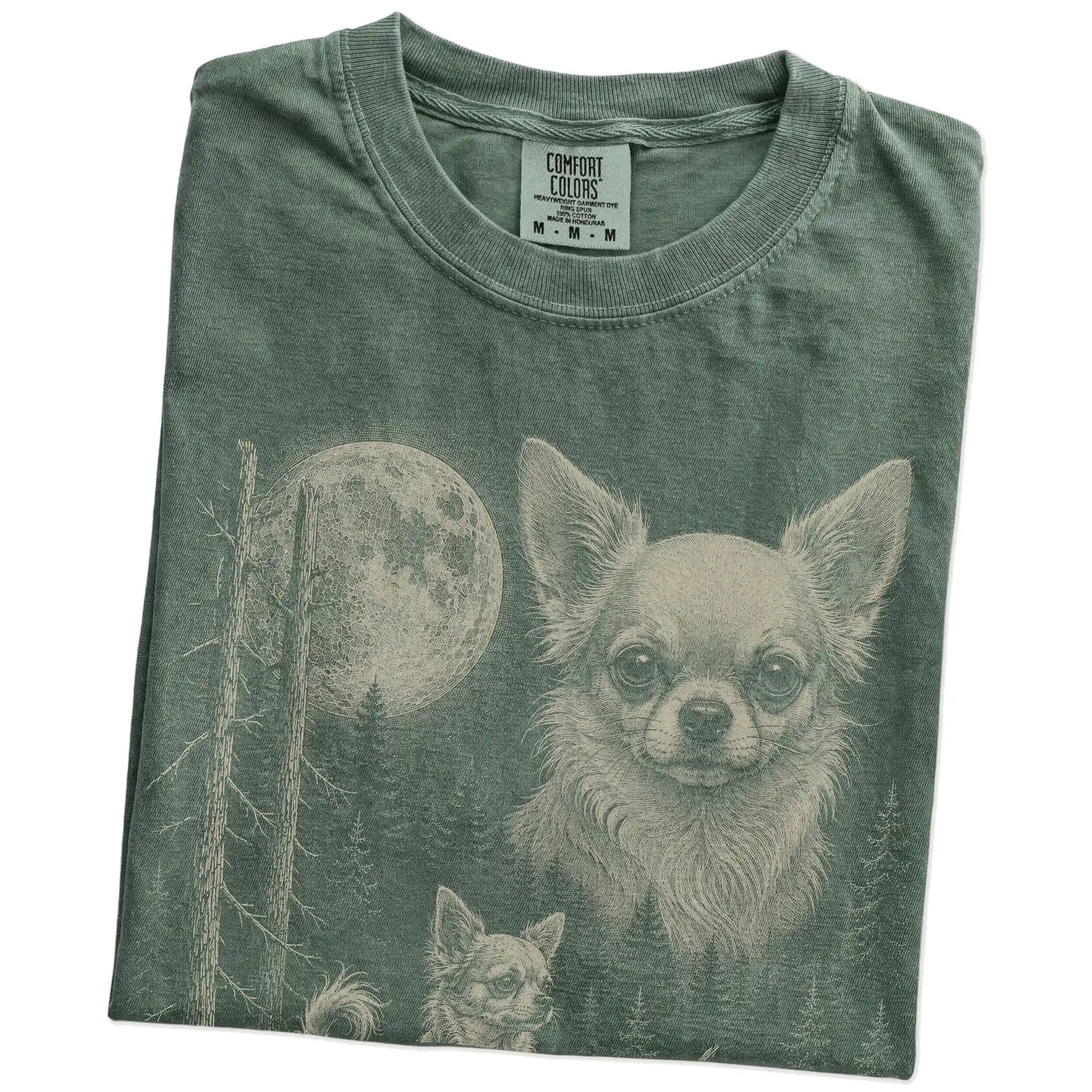 Folded Moss Chihuahua Moonlit Forest T-Shirt showing the graphic