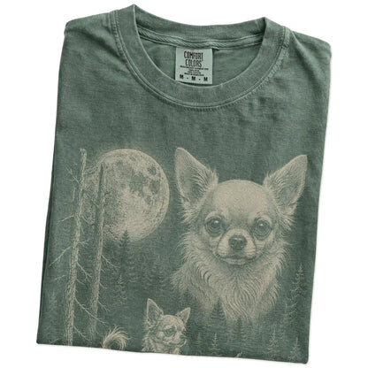 Folded Moss Chihuahua Moonlit Forest T-Shirt showing the graphic