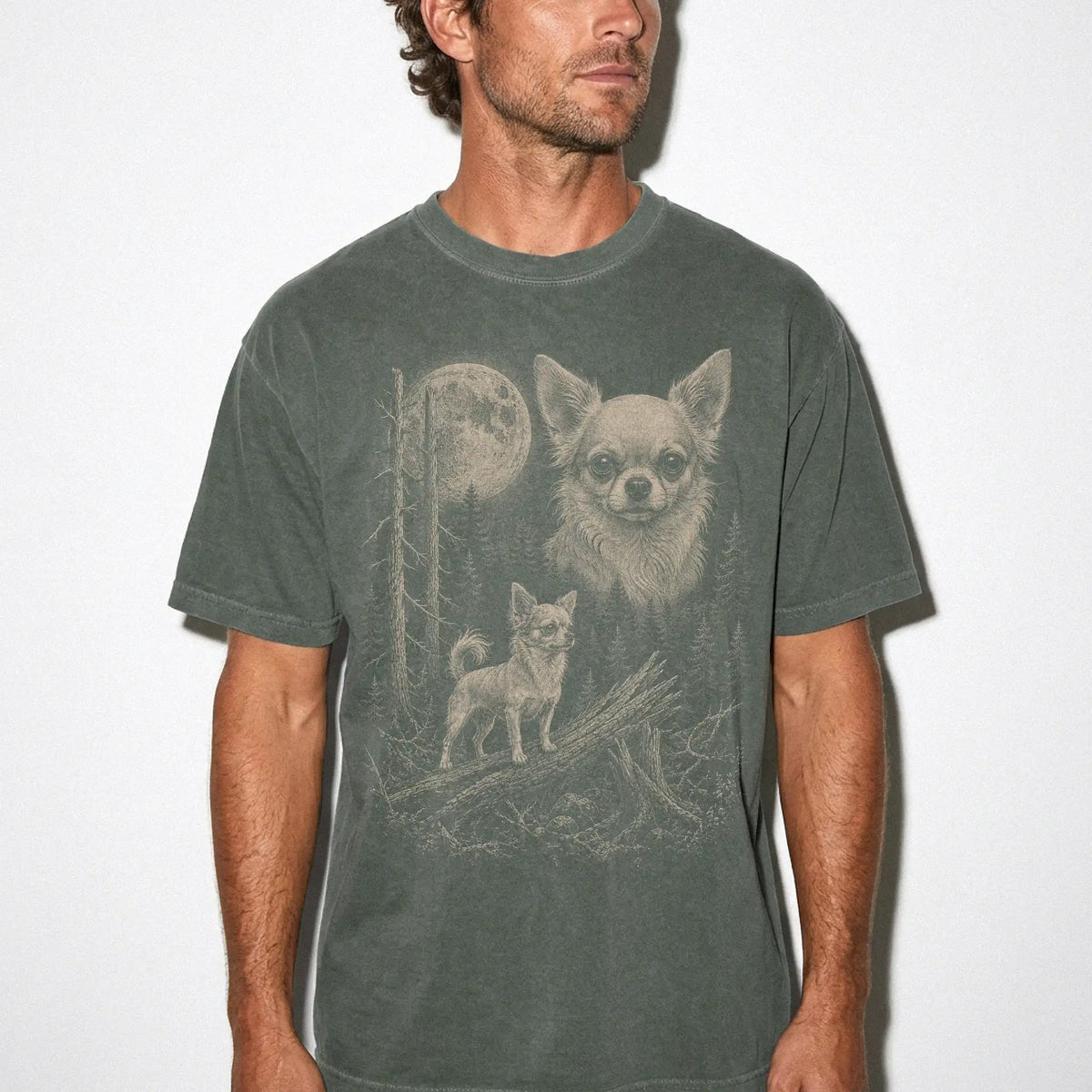 Man wearing a Moss Chihuahua Moonlit Forest T-Shirt