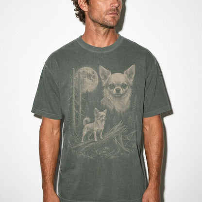 Man wearing a Moss Chihuahua Moonlit Forest T-Shirt