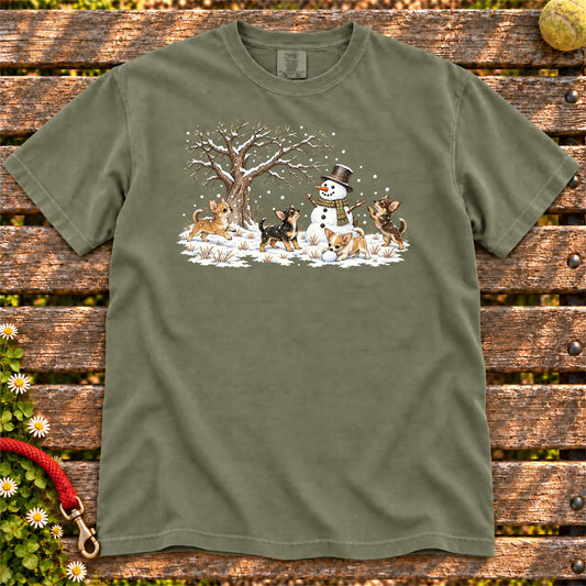 Chihuahua puppies playing in snow with a snowman on a Moss T-shirt