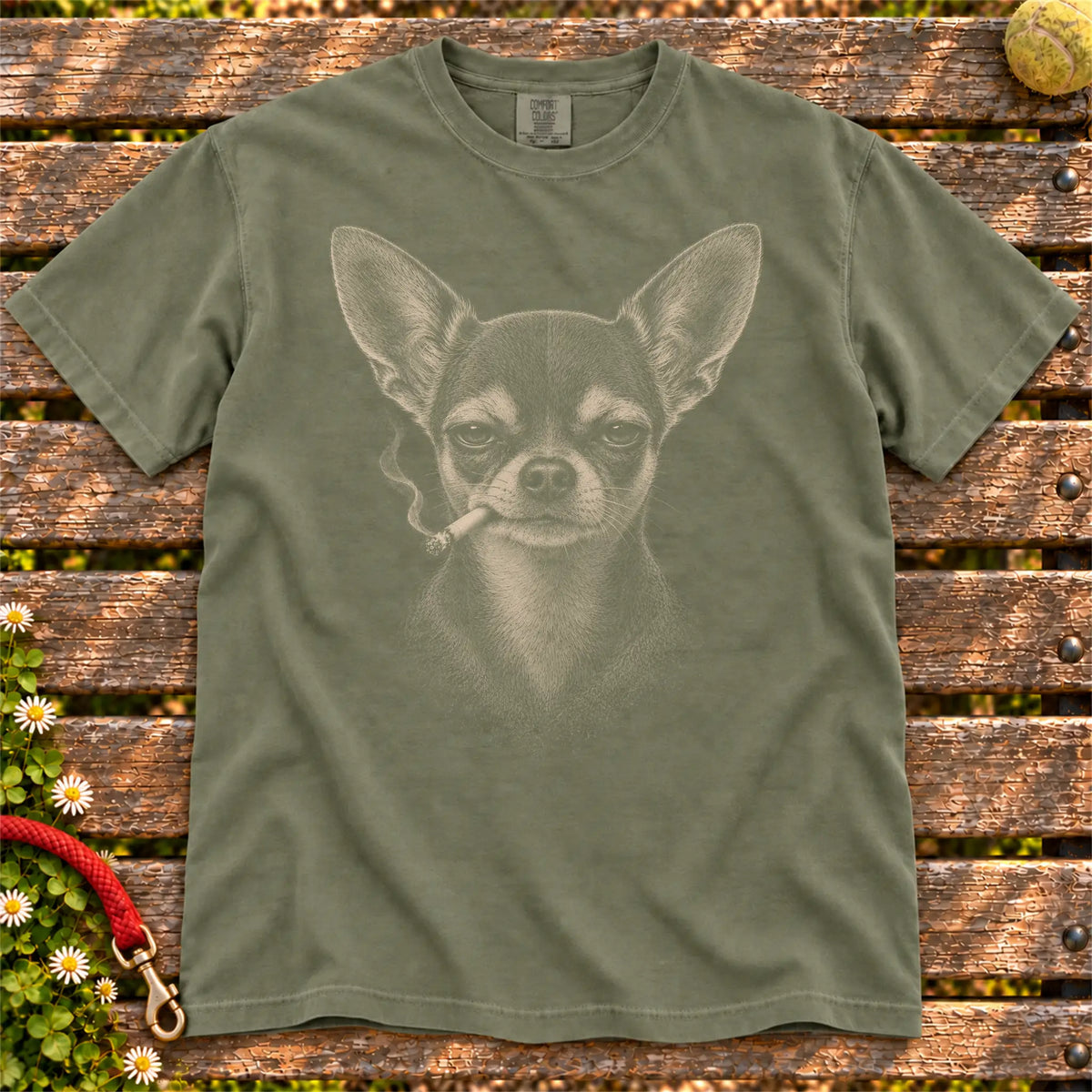 Chihuahua smoking design on a Moss t-shirt