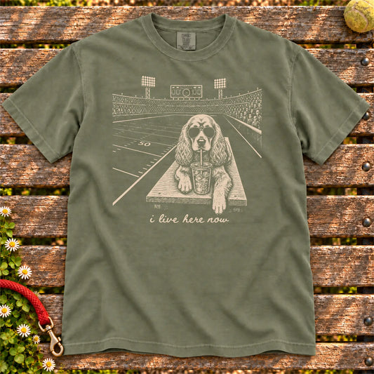 Cocker Spaniel Iced Coffee Football design on a Moss Comfort Colors T-shirt, shown flat