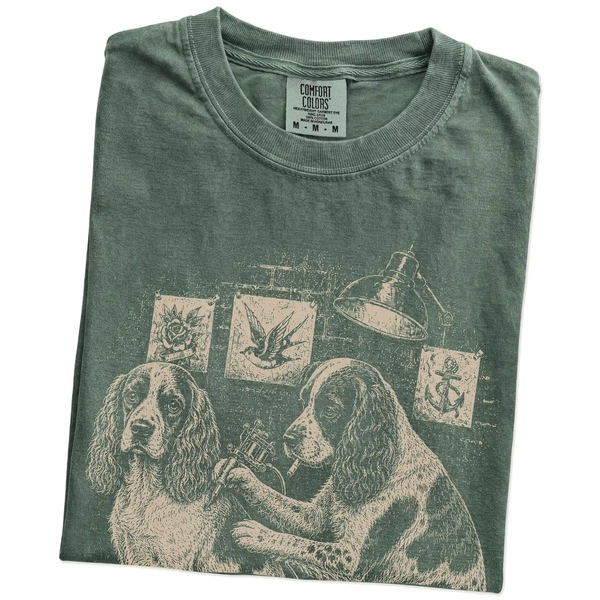 Folded Moss Cocker Spaniel Tattoo t-shirt showing the graphic