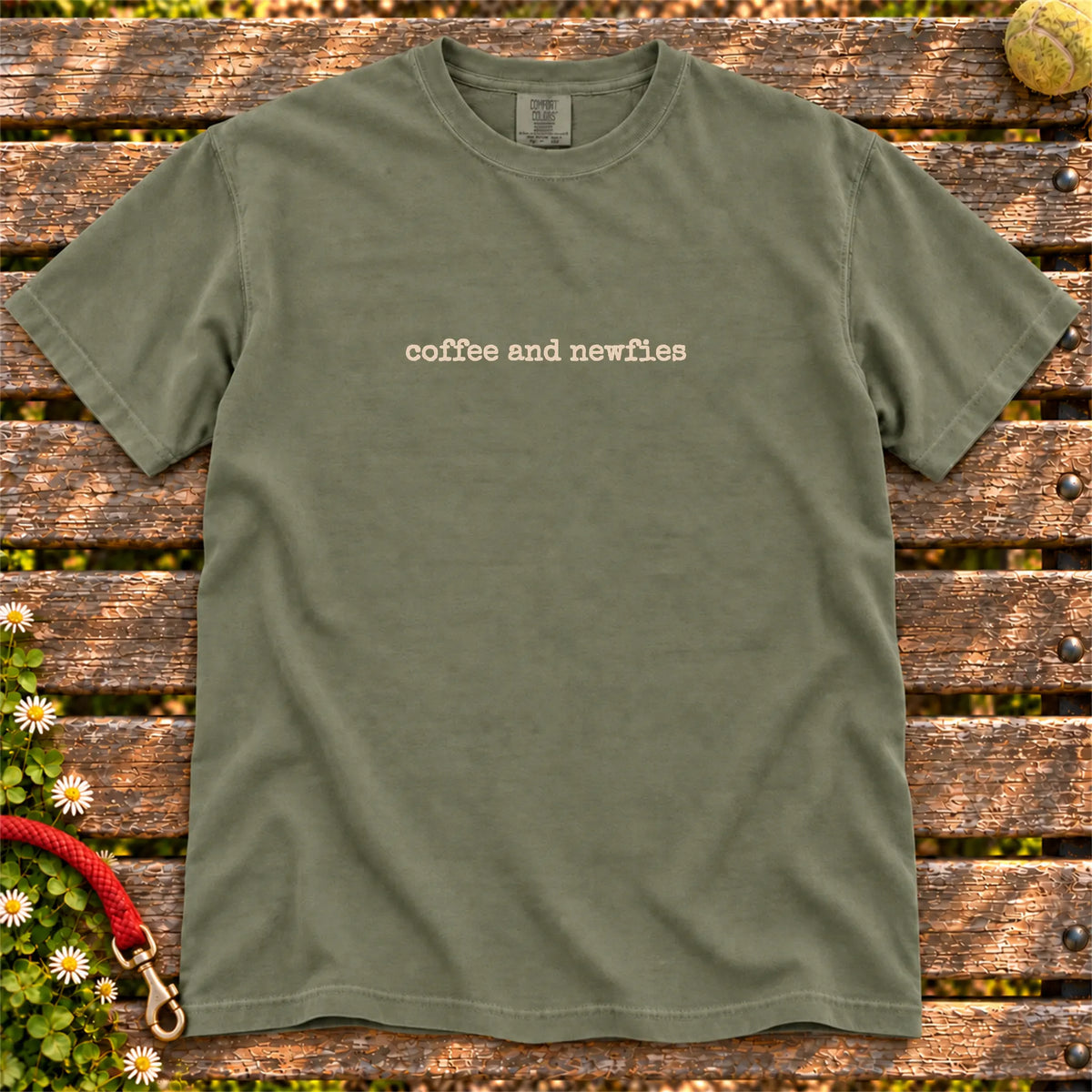 Newfie Coffee and Newfies on a Moss T-shirt, shown flat