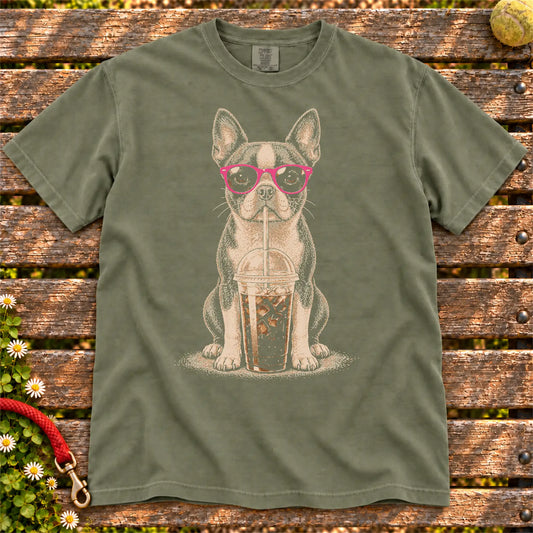Moss Comfort Colors® T-shirt featuring the Boston Terrier Cold Coffee design.