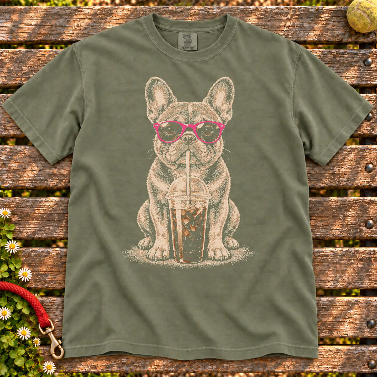 Moss Comfort Colors® T-shirt featuring the French Bulldog Cold Coffee design.