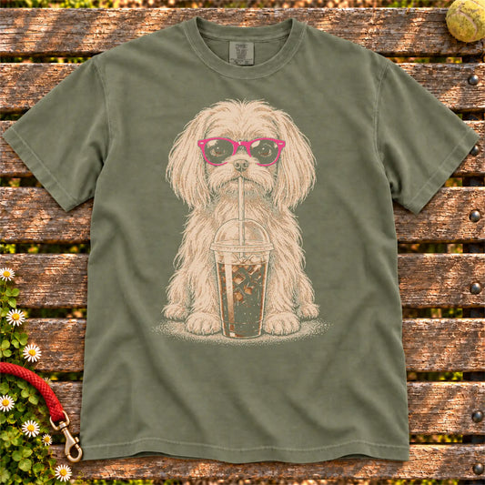 Moss Comfort Colors® T-shirt featuring the Maltese Cold Coffee design.