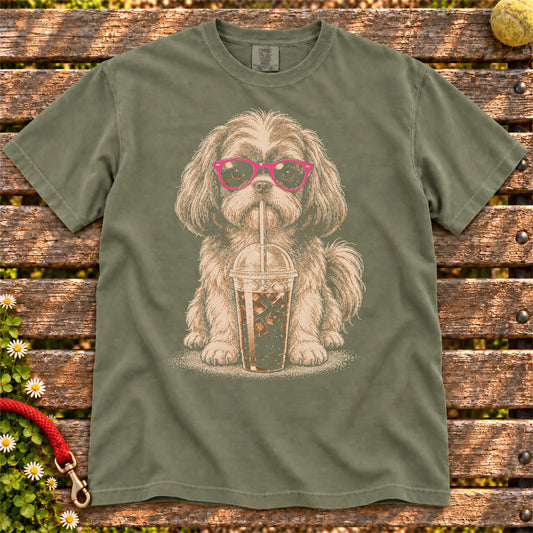 Moss Comfort Colors® T-shirt featuring the Shih Tzu Cold Coffee design.