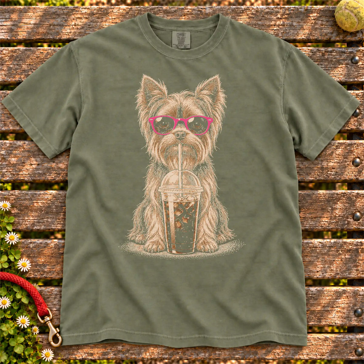 Moss Comfort Colors® T-shirt featuring the Yorkie Cold Coffee design.