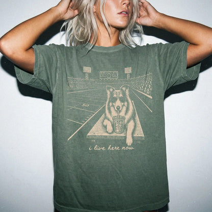 Model wearing a Moss Comfort Colors® T-shirt featuring Collie ready for football and tailgate season