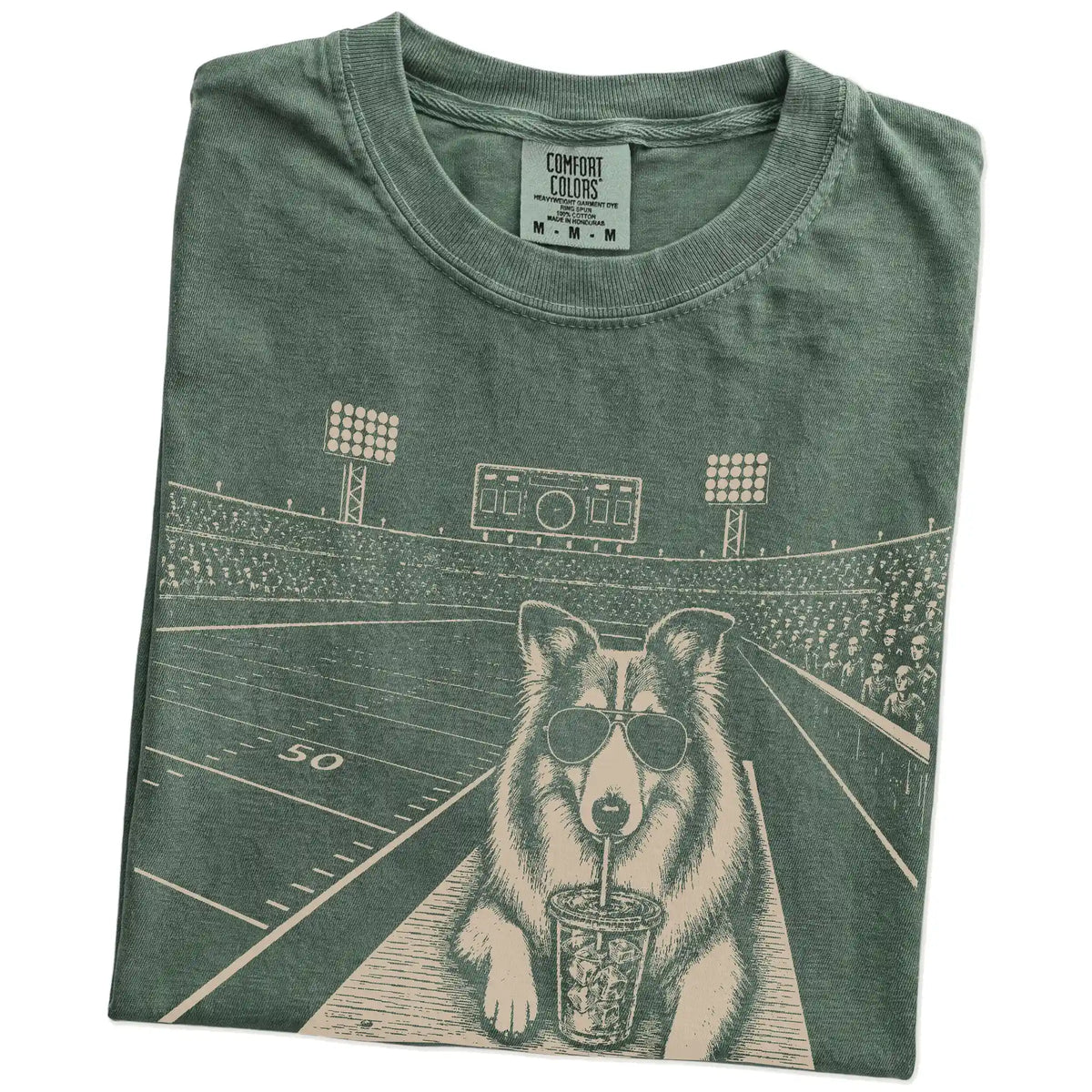 Folded Moss Comfort Colors® T-shirt showing Collie ready for football and tailgate season
