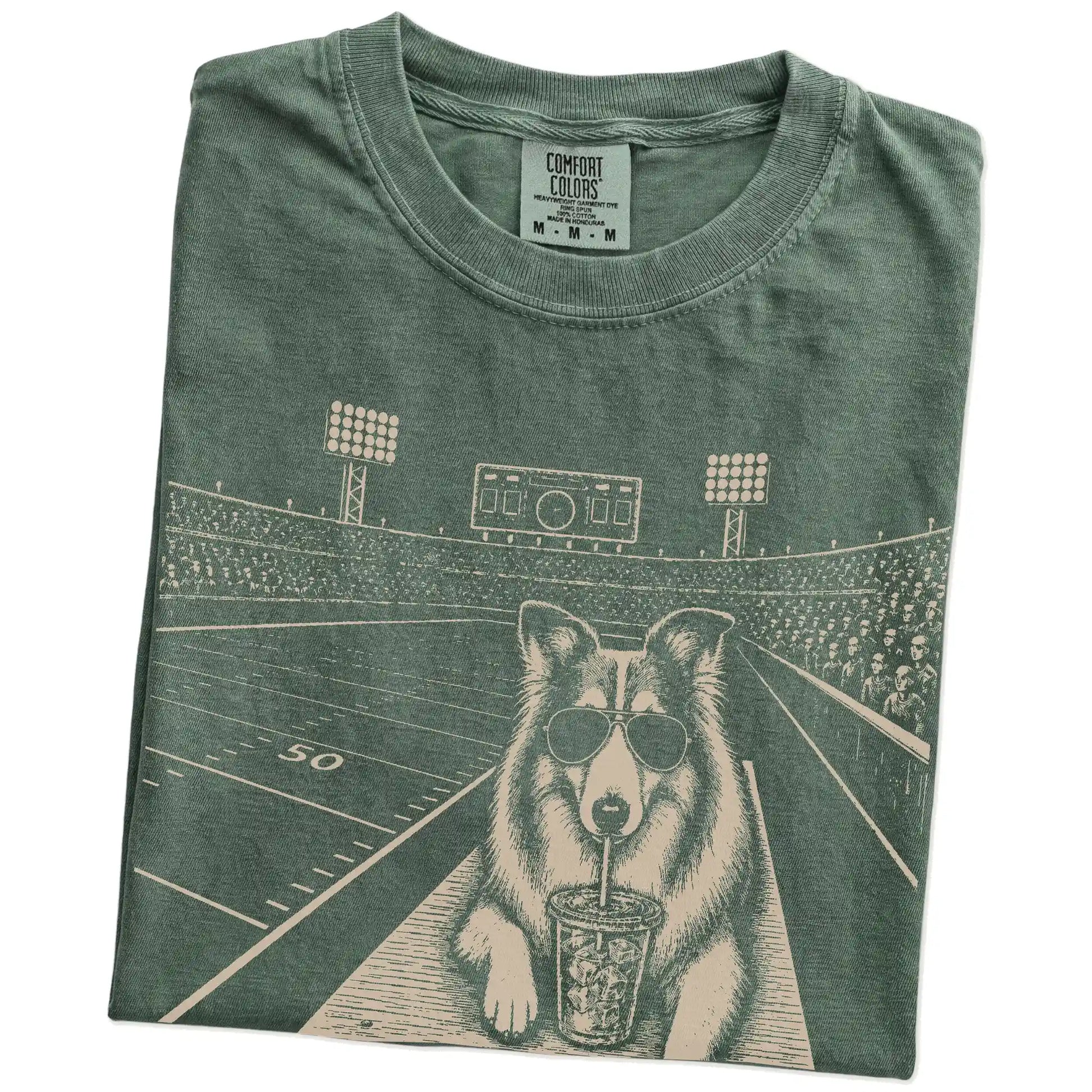 Folded Moss Comfort Colors® T-shirt showing Collie ready for football and tailgate season