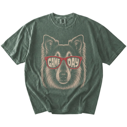 Collie wearing red Game Day sunglasses on a Moss Comfort Colors® T-shirt