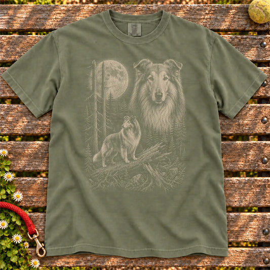 Collie Moonlit Forest design on a Moss T-shirt shown flat